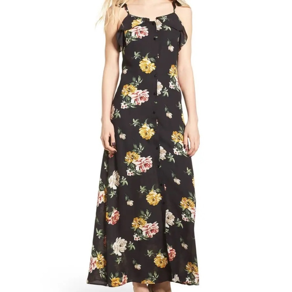 BP Nordstrom Black Flowy Floral Size XS Button-Down Maxi Dress Ruffed Summer